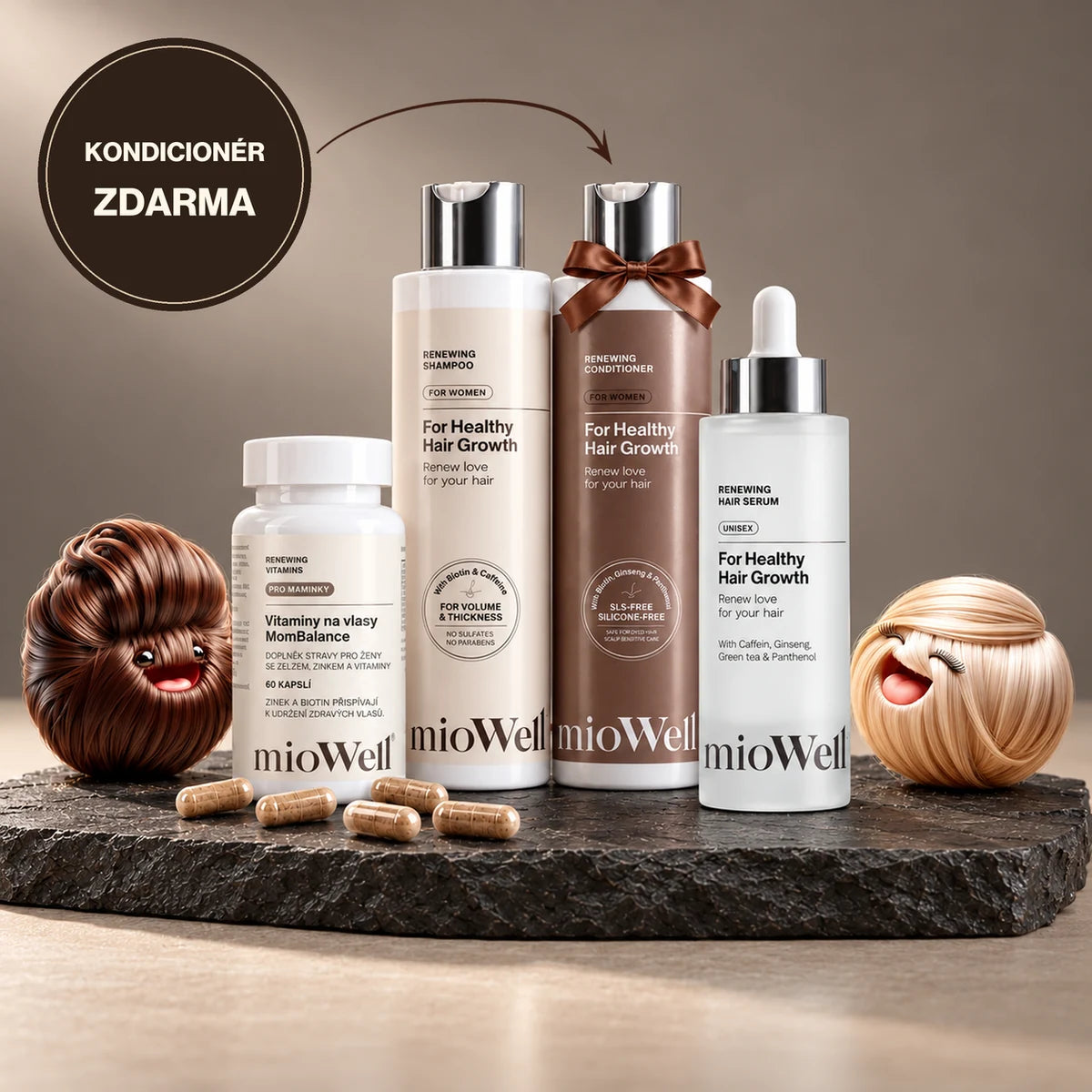 Vlasová rutina mioWell pro maminky: MomBalance, sérum, šampon a kondicionér zdarma.