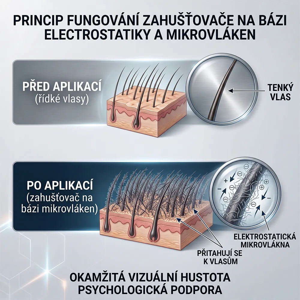 <p><strong>Kosmetická revoluce v zahuštění vlasů (Vlasová vlákna)</strong></p><p><strong>Objev:</strong> Využití elektrostatického náboje mikrovláken k okamžitému překrytí řídnoucích míst.</p><p><strong>Co jsme se naučili:</strong> Léčba trvá měsíce, ale psychika trpí dnes. Vizuální zahuštění je klíčovou „psychologickou berličkou“, která snižuje stres během čekání na výsledky.</p>