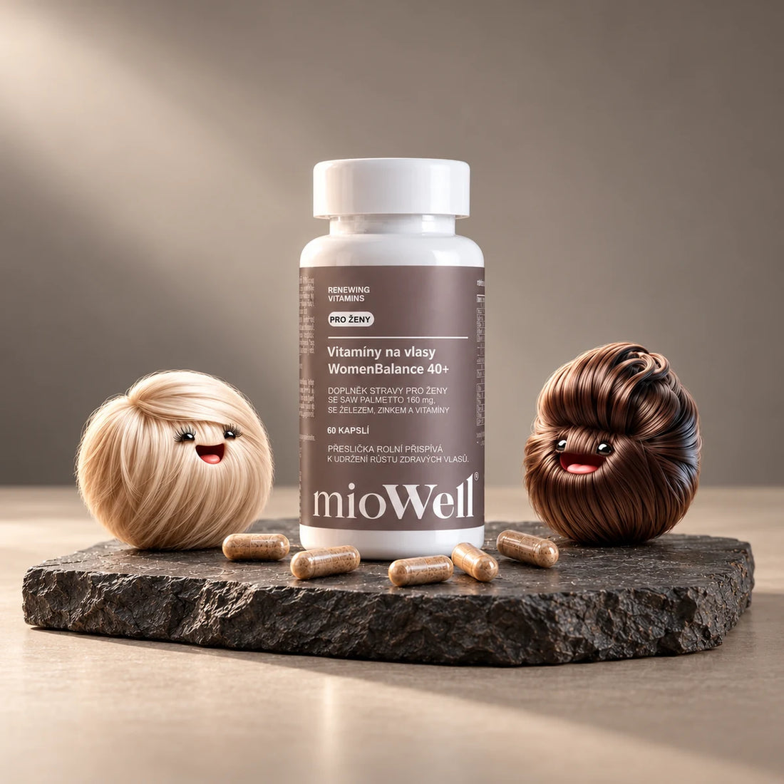 WomenBalance 40+ – vitamíny na vlasy pro ženy, 60 kapslí na 30 dní, s maskoty Miou a Wellem